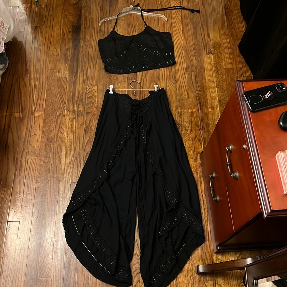 Matching Set Black bohemian beaded Split wide leg Palazzo pants Size L